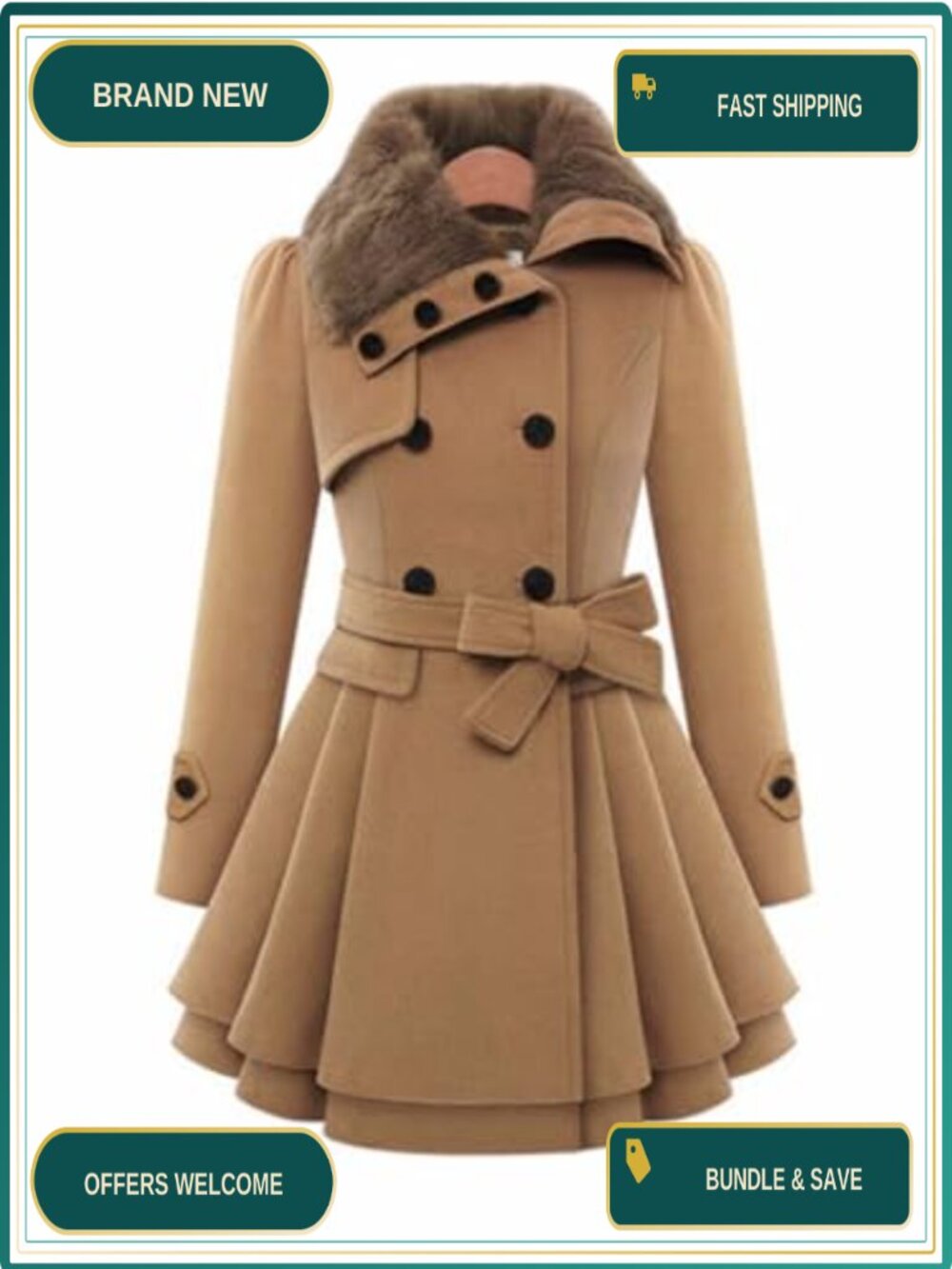Faux Fur Collar Double Breasted Belted Trench Coat